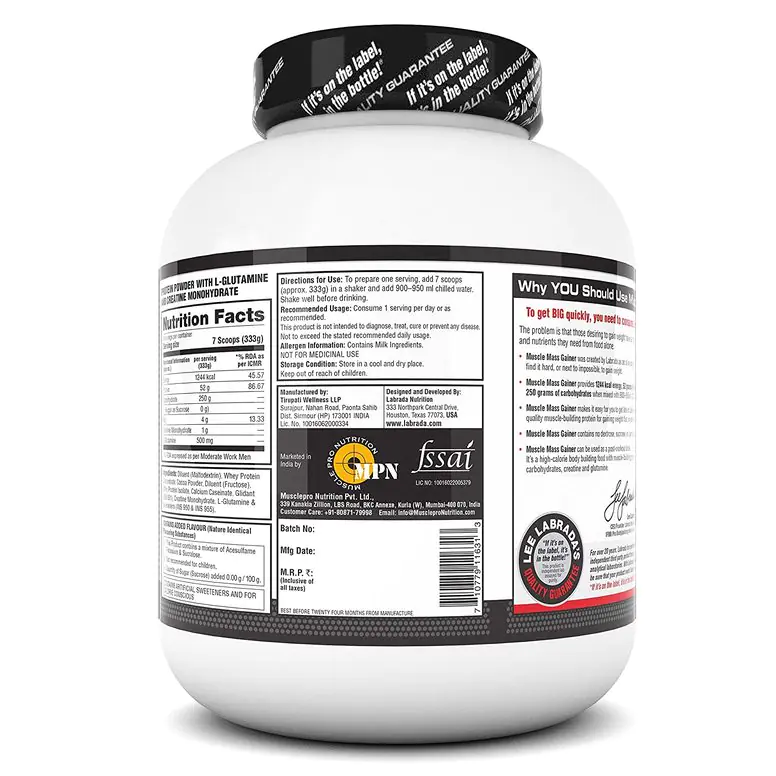 Labrada Muscle Mass Gainer Powder(Post-Workout, 1272 kcal, 53g Protein, 257g Carbs, 1g Creatine, 500mg L-Glutamine) - Image 4