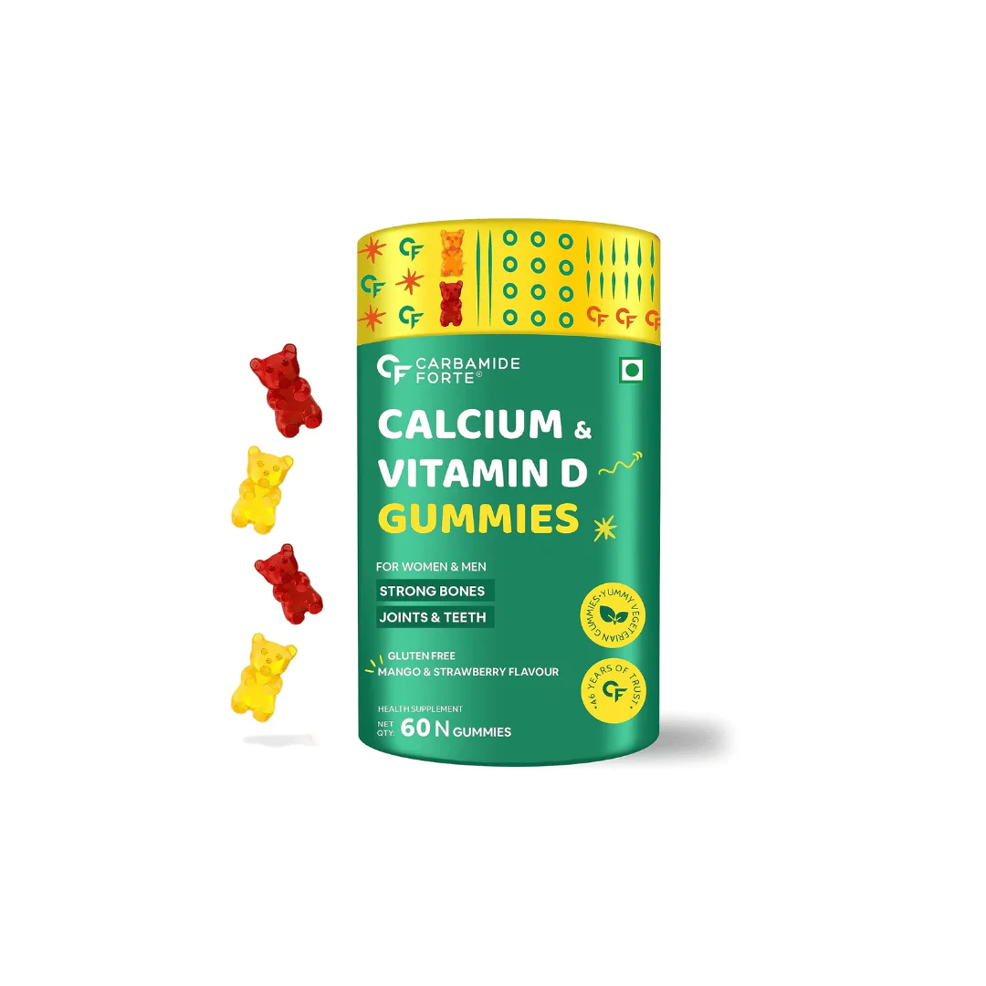 Carbamide Forte Calcium with Vitamin D Gummies for Men & Women| Calcium Gummies for Women & Men for Stronger Bones, Joints & Teeth & Immunity - Mango & Strawberry Flavour - 60 Veg Gummies - Image 1