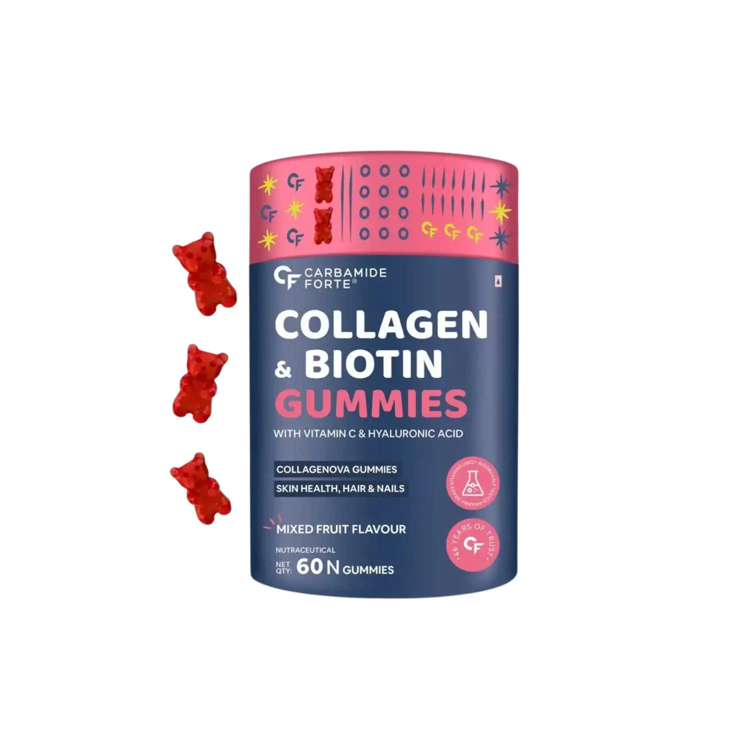 Carbamide Forte Collagen & Biotin Gummies| Collagen Supplements for Women & Men for Skin & Hair - Mixed Fruit Flavour - 60 Gummies - Image 1
