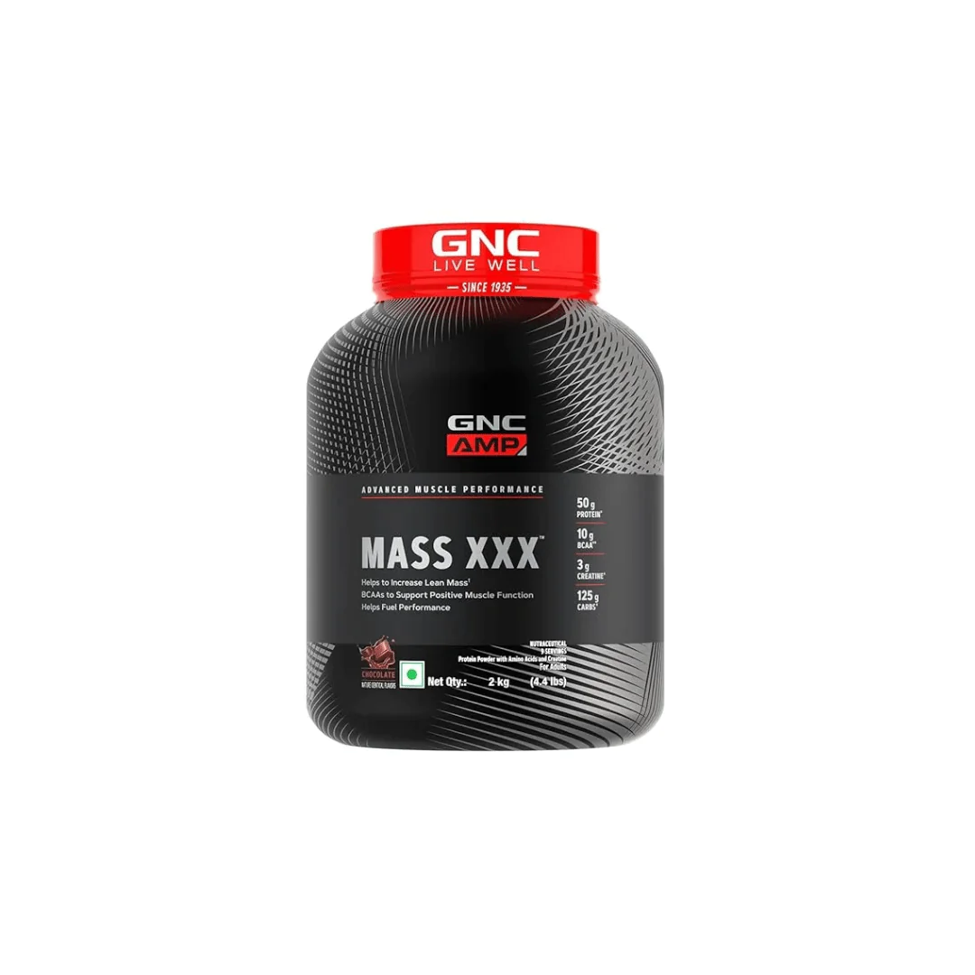 GNC AMP Mass XXX chocolate 2kg GNC AMP Mass XXX Gainer | 2 Kg | Boosts Lean Muscle Gains | Amps Up Workout Results | Increases Strength & Endurance | 50g Protein | 10g BCAA | 125g Carbs | 3g Creatine | Chocolate - Image 1