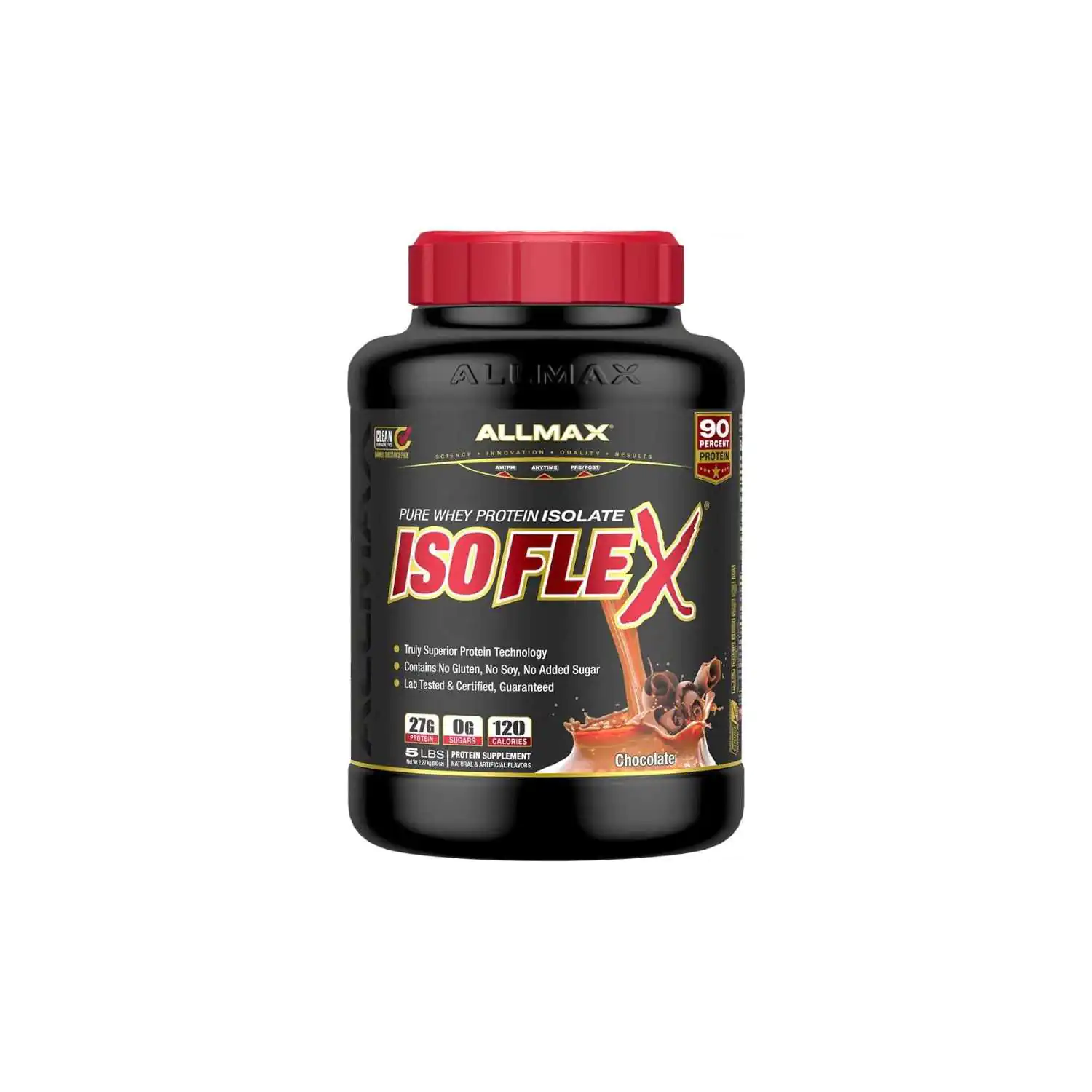 IsofleX 5lbs Chocolate Allmax ALLMAX ISOFLEX Whey Protein Isolate, Chocolate - 5 lb - 27 Grams of Protein Per Scoop - Zero Fat & Sugar - 99% Lactose Free - Gluten Free & Soy Free - Approx. 75 Servings - Image 1