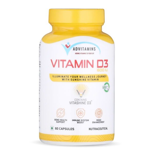 Vitamin D3 600iu Healthy bones, teeth, Muscle Function, and Immune Support 60Caps Advitamins - Image 1