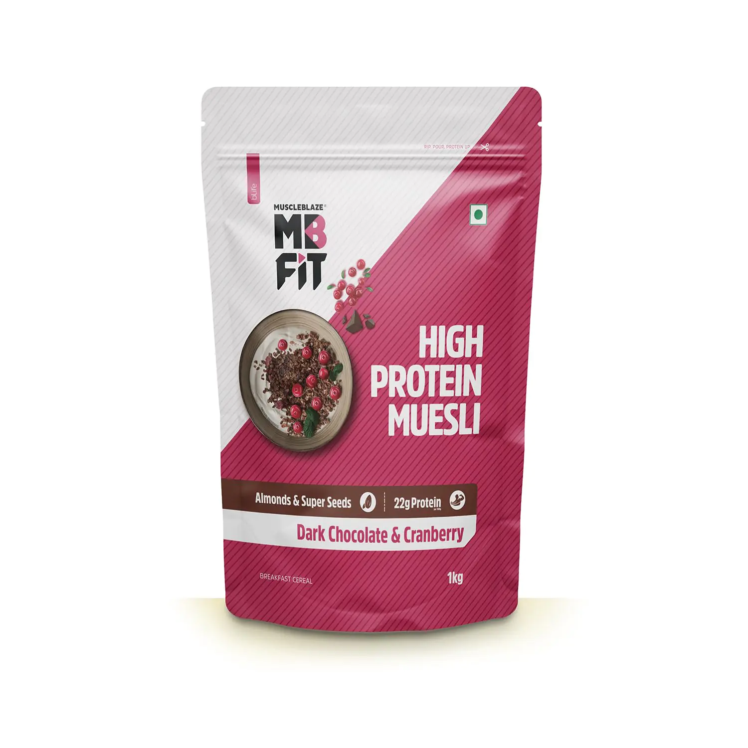 MuscleBlaze Fit High Protein Muesli 1 kg, Dark Chocolate & Cranberry, 22 g Protein, Almonds & Super Seeds, Protein Breakfast Cereals - Image 2