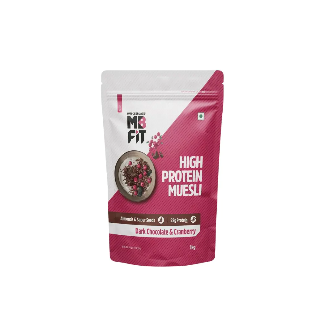 MuscleBlaze Fit High Protein Muesli 1 kg, Dark Chocolate & Cranberry, 22 g Protein, Almonds & Super Seeds, Protein Breakfast Cereals - Image 1