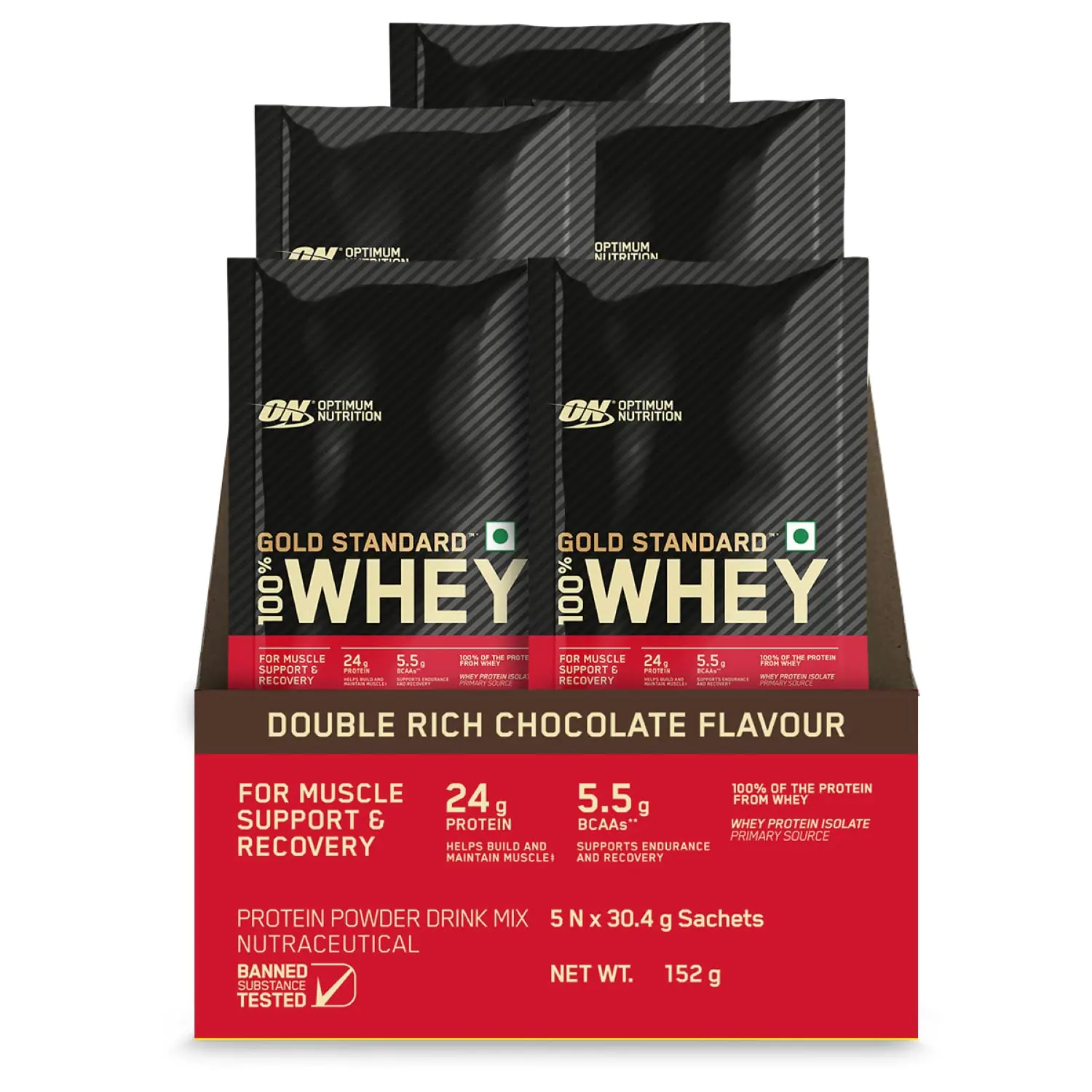 Gold Standard Whey 5sachets Drc Optimum Nutrition Optimum Nutrition (ON) Gold Standard 100% Whey Protein - 5 X 30.4 g (Double Rich Chocolate) Single Serve Sachets, for Muscle Support & Recovery, Vegetarian - Primary Source Whey Isolate - Image 1